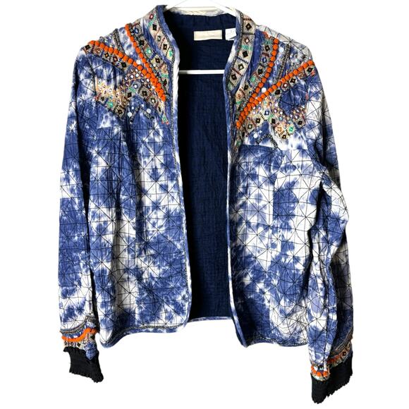 Chico's Indigo Moon Artisan Blue Tie Dye Quilted Open Jacket Embroidered Medium - Picture 9 of 13